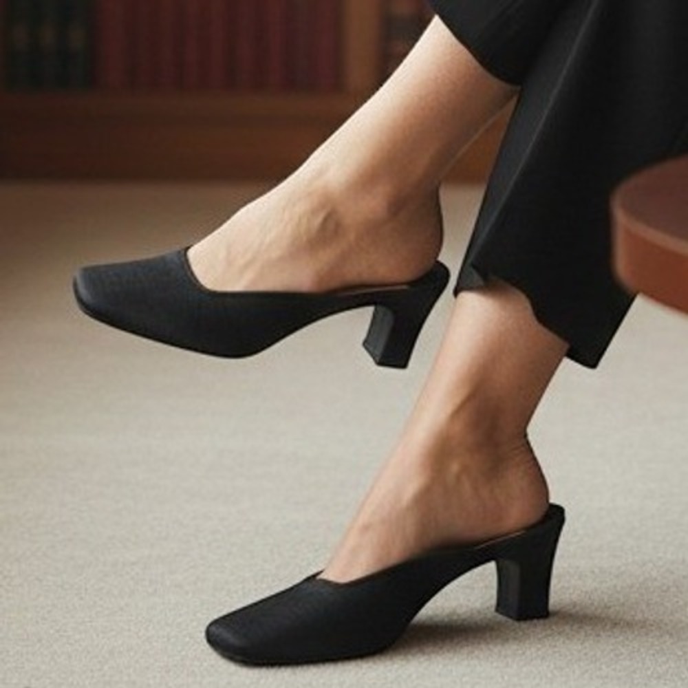 D'Antonio Heels 10 Black Square Toe Mules Block Heel Slides Professional Chic